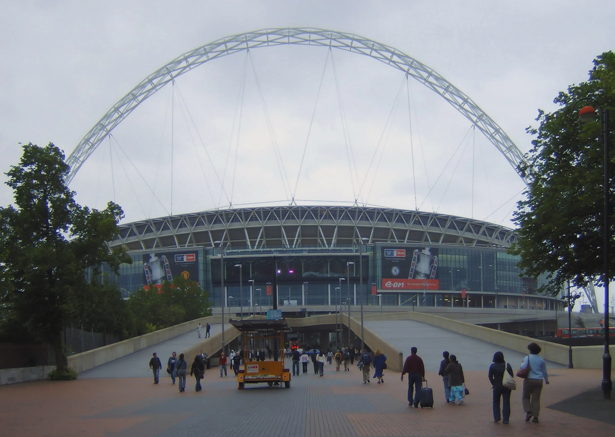 Exterior of Wembley Stadium beneath its arch
